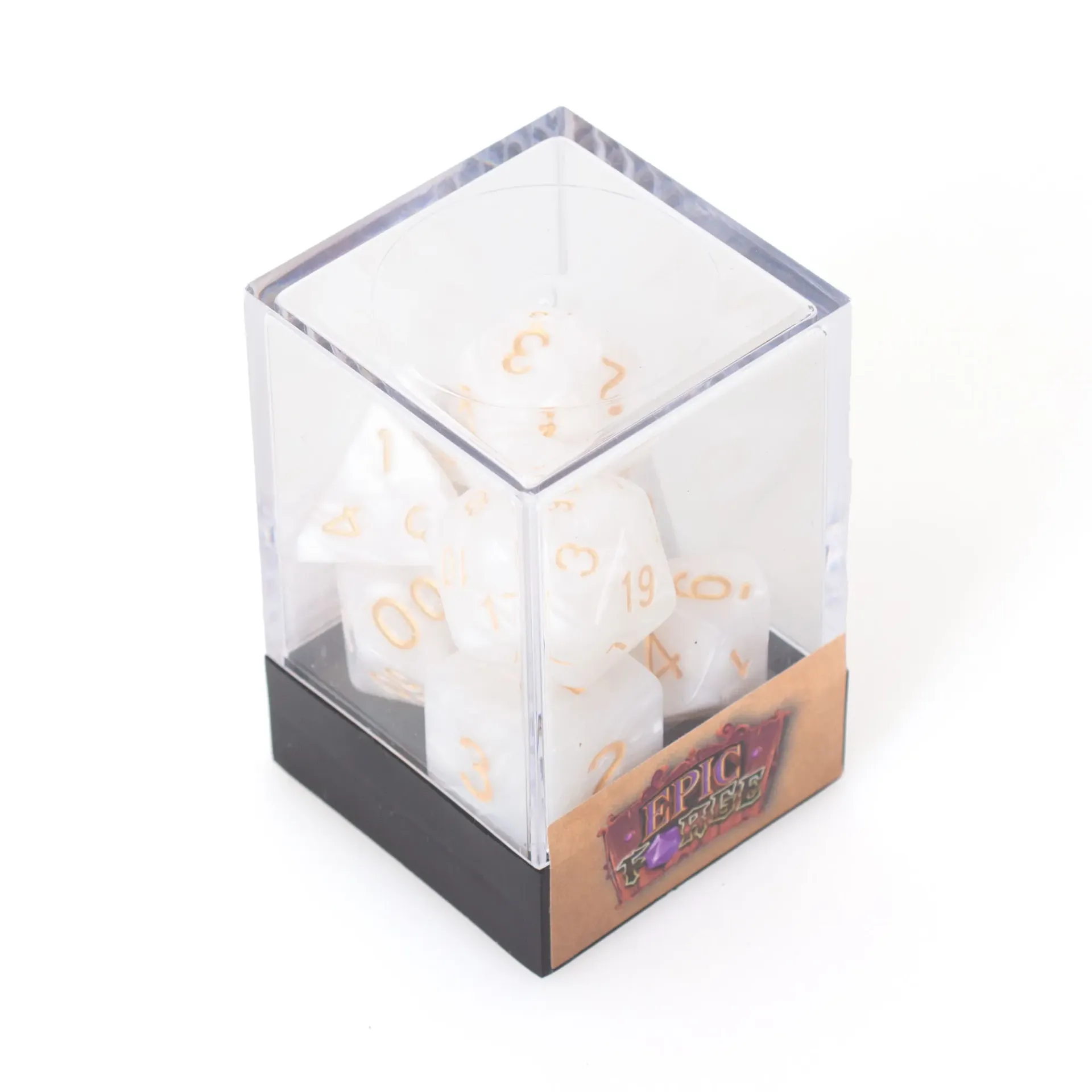 Lot de 7 Dés multiformat en boîte – Blanc nacré et or