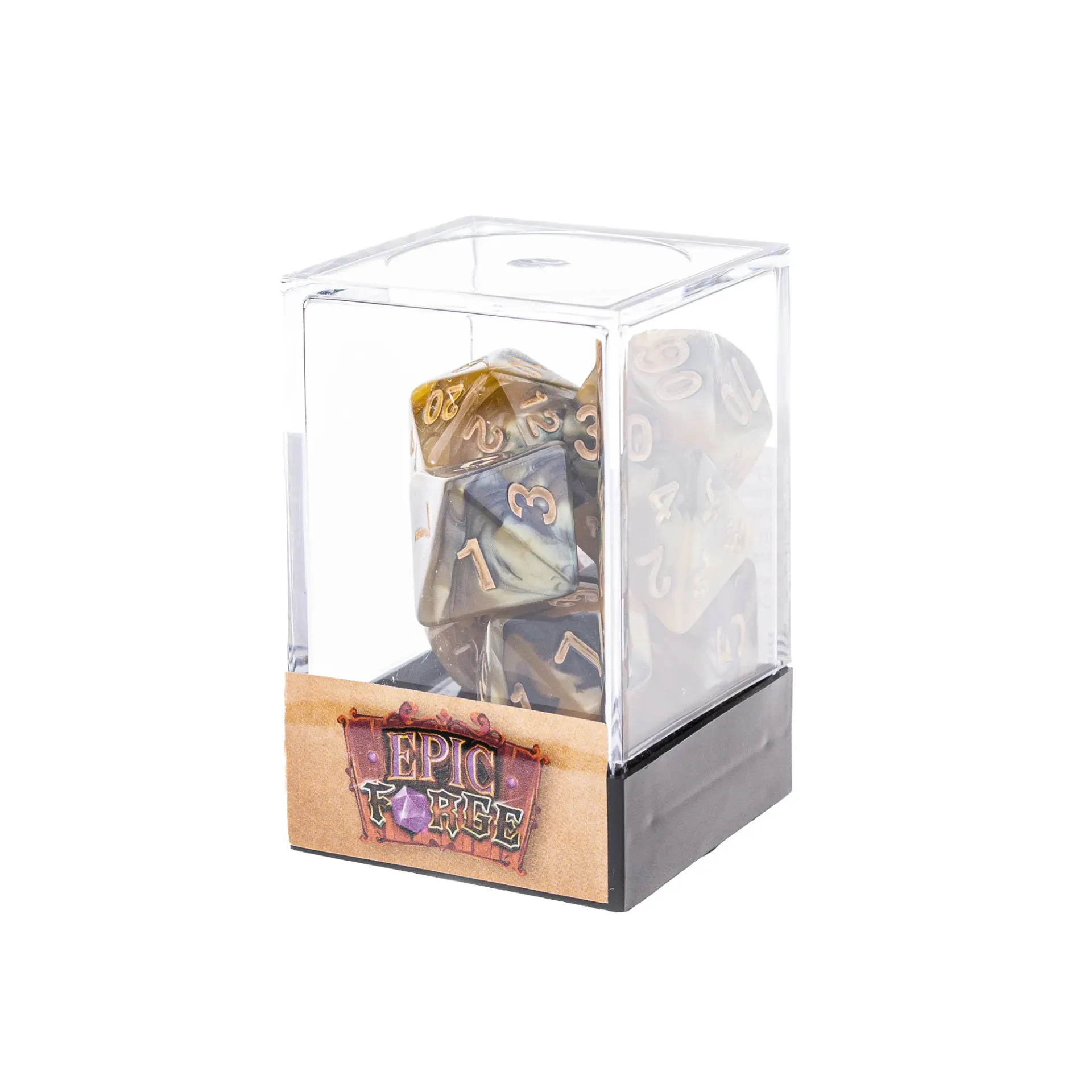Lot de 7 Dés multiformat avec boîte– Noir et Jaune mélange de couleurs